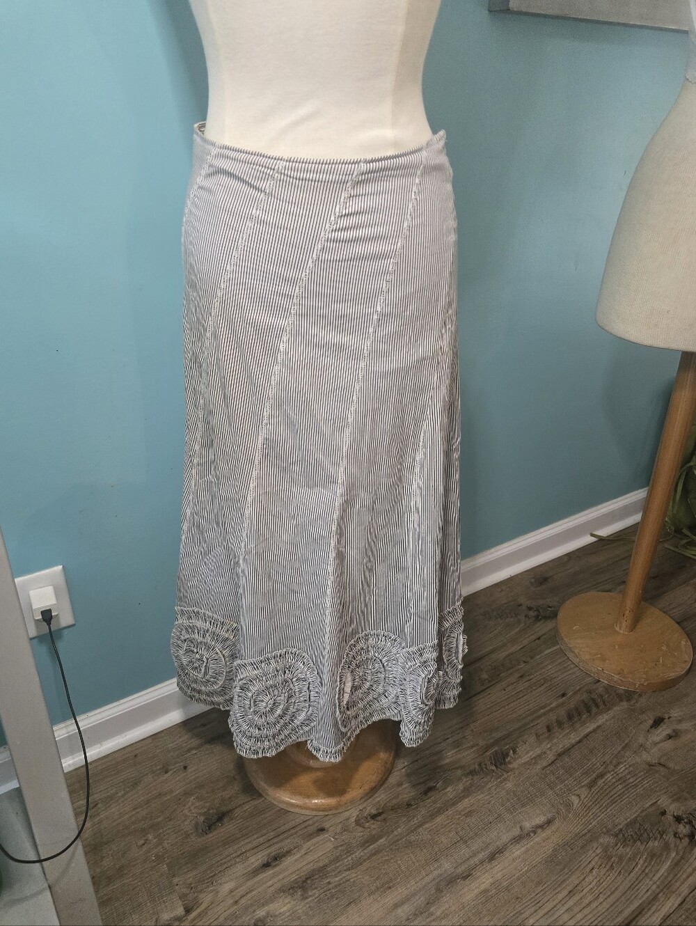 Solitaire Light Gray Striped Skirt with Artsy Spiral Embroidered Trim
